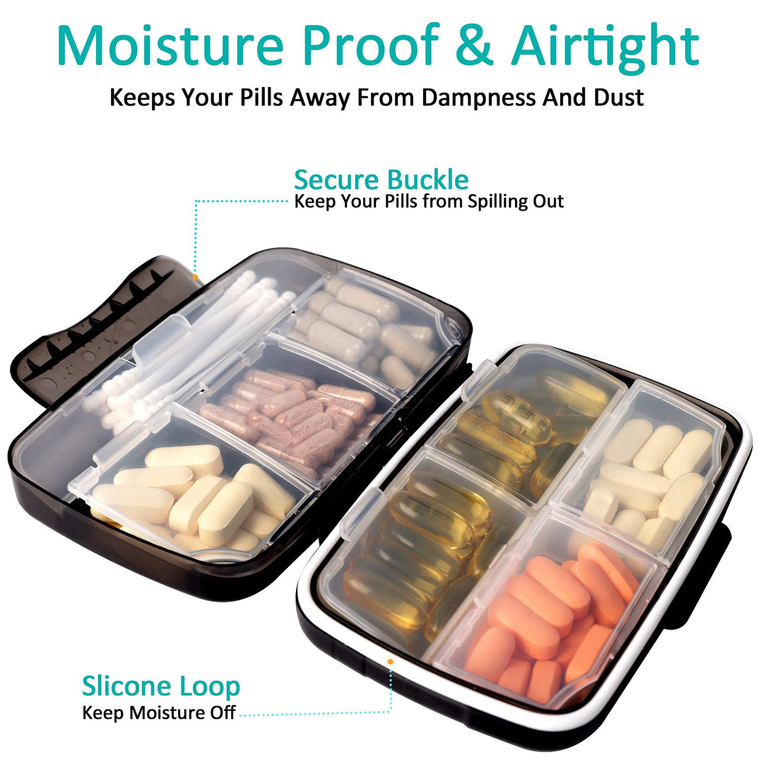 Travel Pill Organizer Large Portable Medication Oversize 8 Compartment Pill Box, Vitamin Travel Case Pill Holder - Airtight &amp; Moistureproof (Black)