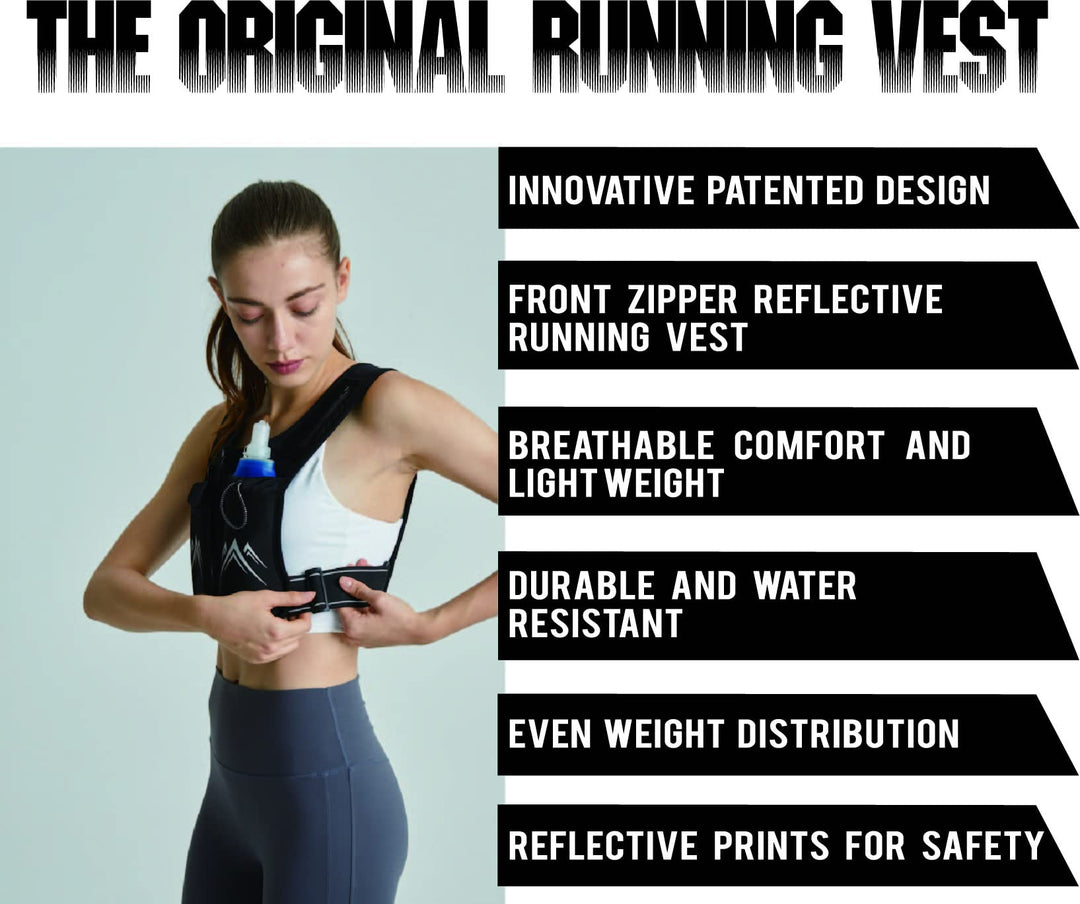 Running Vest, USA Original Patent, Zip Reflective Running Vests with 500ml Hydration Bottle, Adjustable Waistband &amp; Breathable Material, Chest Pack Gear Phone Holder for Running, Men &amp; Women