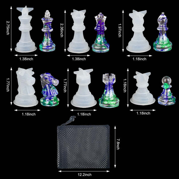 Chess Resin Silicone Mold, Upgrade 3D 16 Pieces Chess Mold Kit for Resin Casting Full Size with Storage Bag, Chess Epoxy Molds for Kid Adult Family to DIY Art Crafts Home Decoration