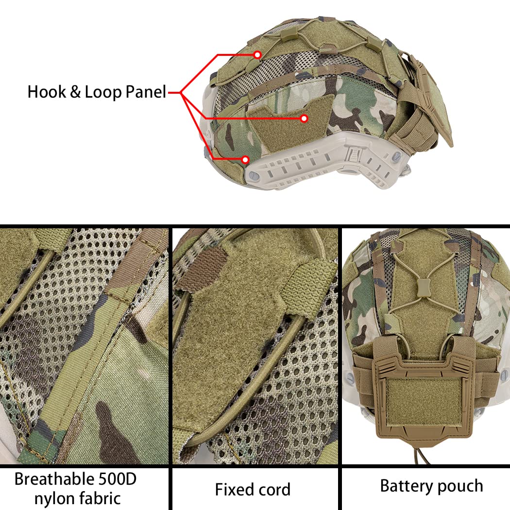 Tactical Helmet Cover With Battery Rear Pouch For Fast Helmet In Size M/L Military Paintball Hunting Shooting Gear - 500D Nylon (Multicam)