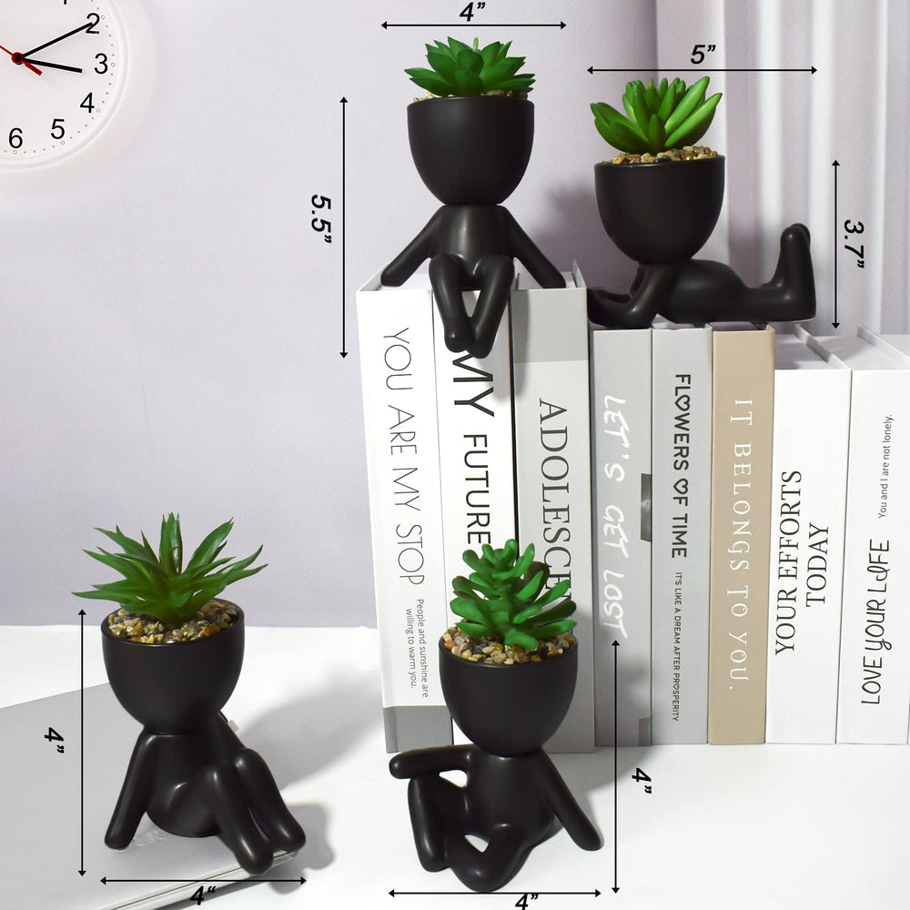 4 PCS Fake Succulent with Ceramic Artificial Succulent Planter Pot for Home Decor, Cute Human Shaped Mini Pots for Office Desk Bathroom Decorations (Matte Black)