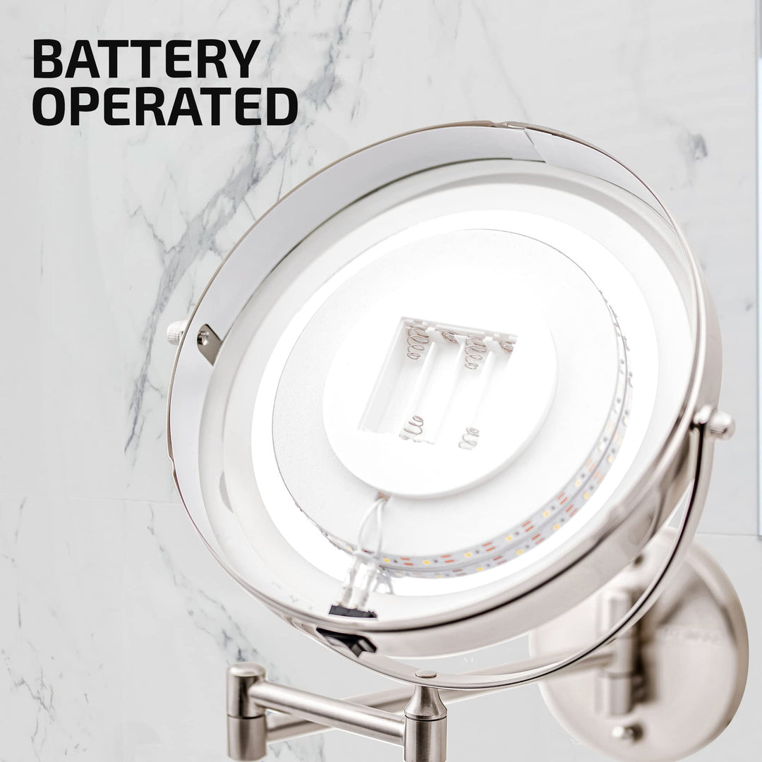 9 Lighted Wall Mount Makeup Mirror with 1X/7X Magnification, Cordless Double Sided Magnifying Round Vanity Mirror, 360° Swivel Design, Extendable and Folding Arm, Nickel Brushed MFW85BR1X7X