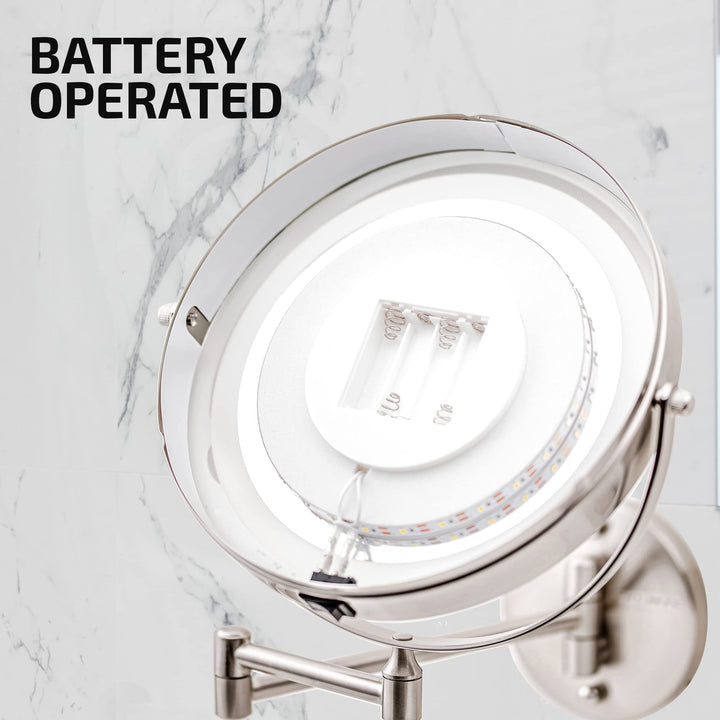 9 Lighted Wall Mount Makeup Mirror with 1X/7X Magnification, Cordless Double Sided Magnifying Round Vanity Mirror, 360° Swivel Design, Extendable and Folding Arm, Nickel Brushed MFW85BR1X7X