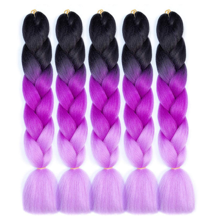 Jumbo Braiding Hair 5PCS/Lot Ombre Kanekalon Pre Stretched Braiding Hair Extensions High Temperature Synthetic Burgundy Blonde Kids Hair 24 Inch Hair for Braiding (black-purple-light purple)