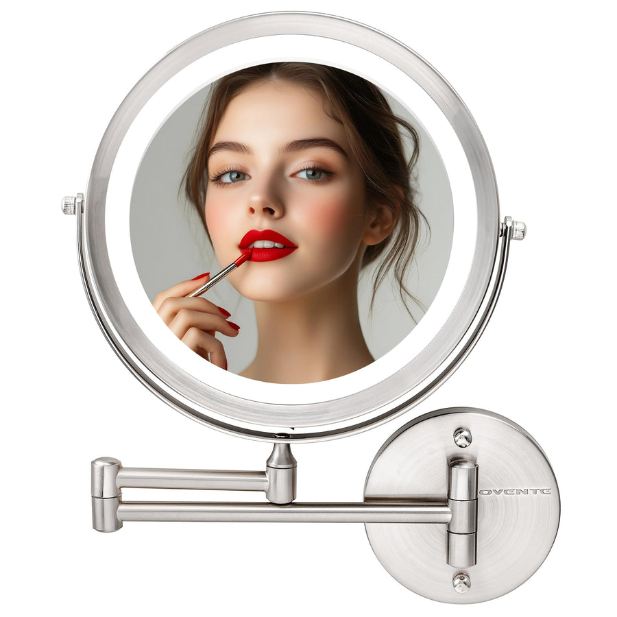 9 Lighted Wall Mount Makeup Mirror with 1X/10X Magnification, Cordless Double Sided Magnifying Round Vanity Mirror, 360° Swivel Design, Extendable and Folding Arm, Nickel Brushed MFW85BR1X10X