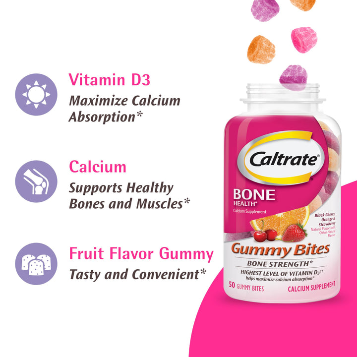 Caltrate Gummy Bites 500 mg Calcium and Vitamin D Supplement, Black Cherry, Strawberry, Orange - 50 Count