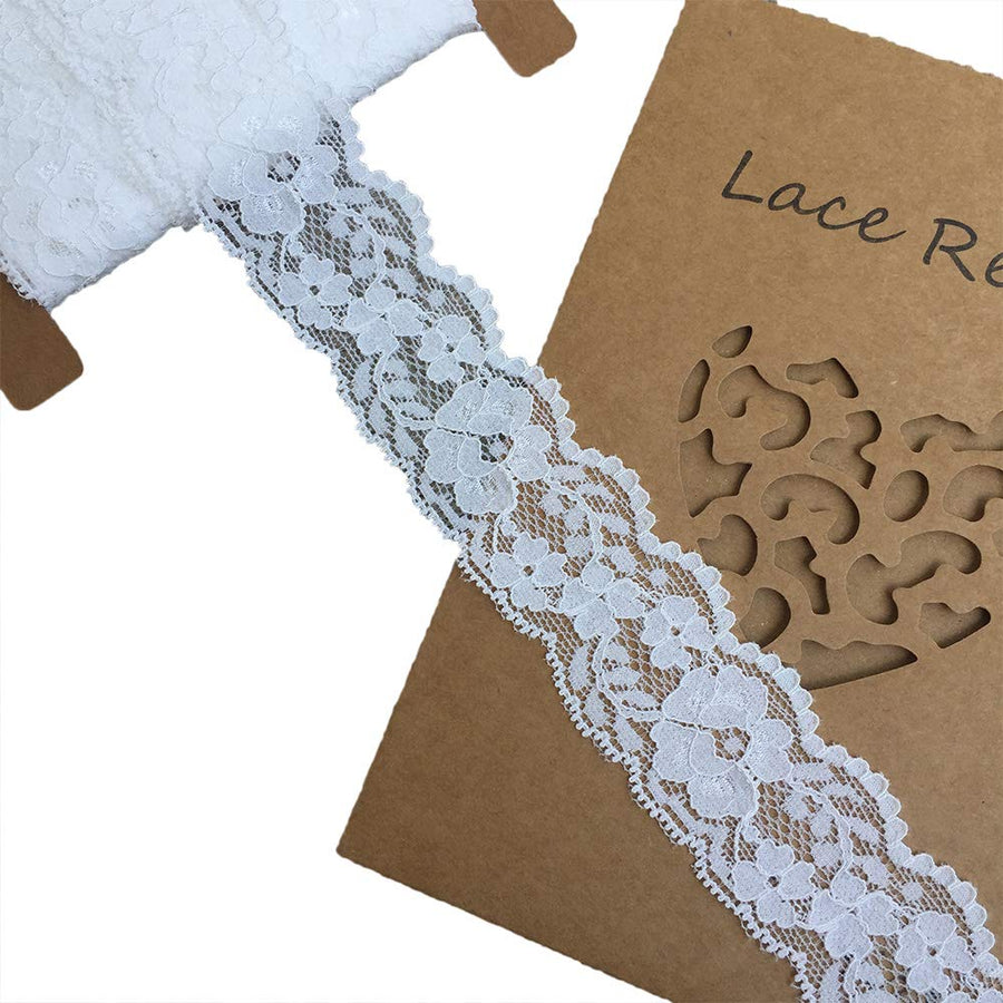 Lace Realm 1.5 inch Wide White Stretch Floral Pattern Lace Ribbon Trim for Sewing, Gift Package Wrapping, Floral Designing & Crafts-10 Yards (3601 White)