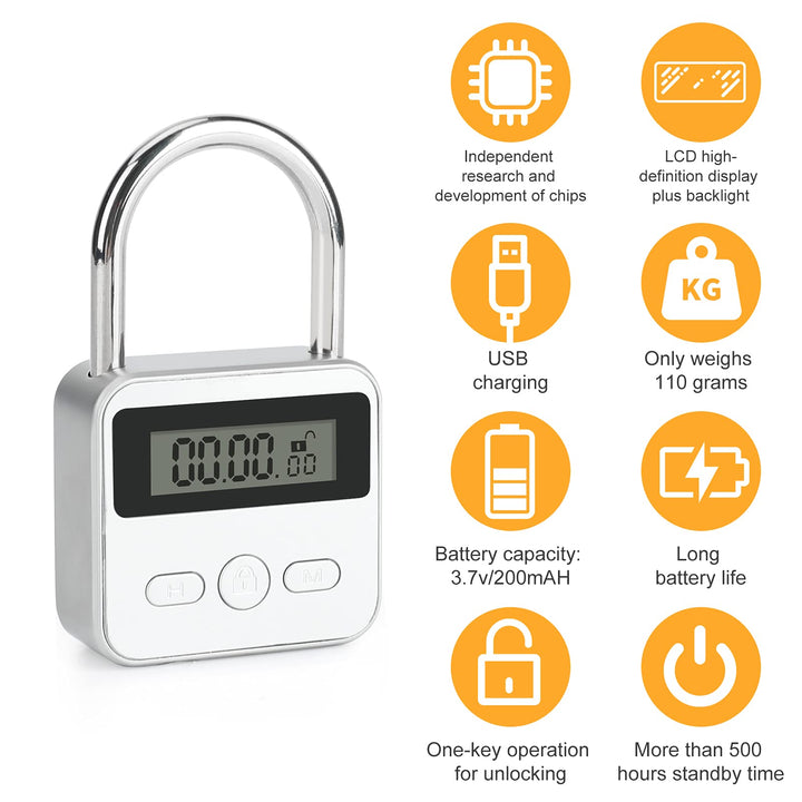 Metal Timer Lock, 99 Hours Max Timing Electronic Lock with LCD Display Micro USB Rechargeable Timer Padlock (Silver)
