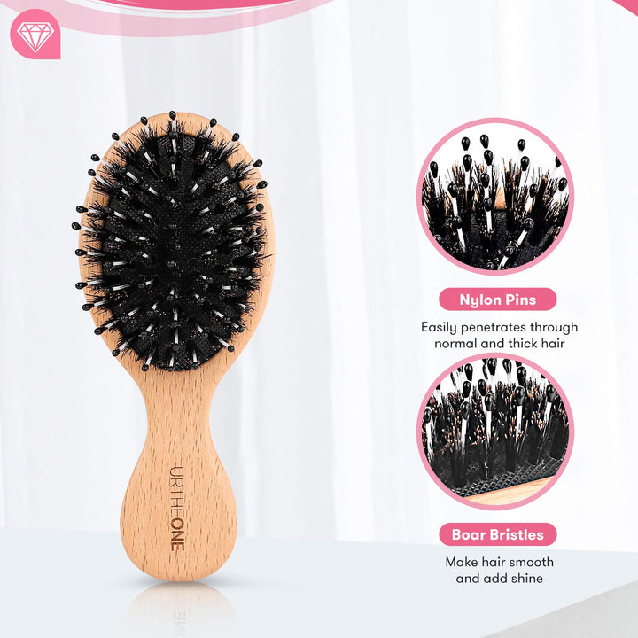 Hair Brush Mini Boar Bristle Hairbrush for Thick Curly Thin Long Short Wet or Dry Hair,Pocket Travel Small Paddle Hair Brush for Men Women Kids (Rose gold)