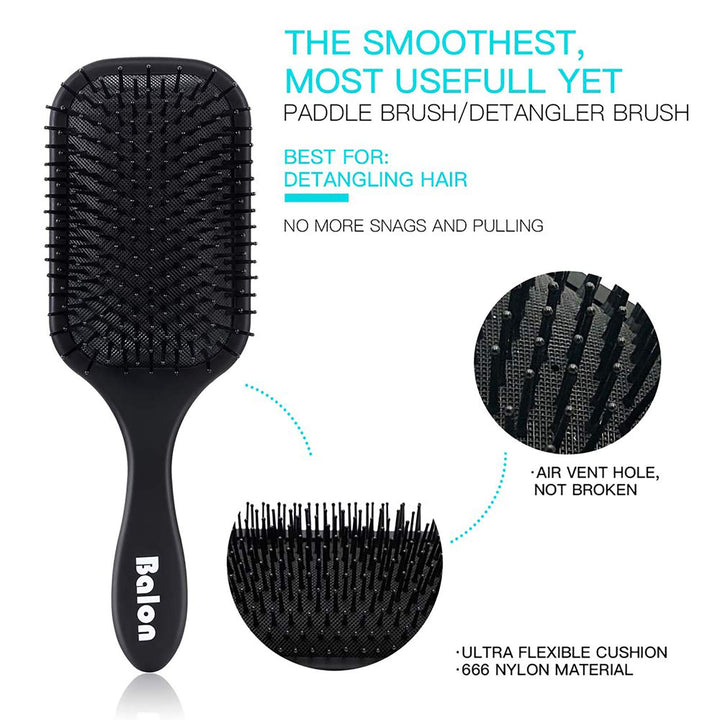 4Pcs Paddle Hair Brush, Detangling Brush and Hair Comb Set for Men and Women, Great On Wet or Dry Hair, No More Tangle Hairbrush for Long Thick Thin Curly Natural Hair (Black)