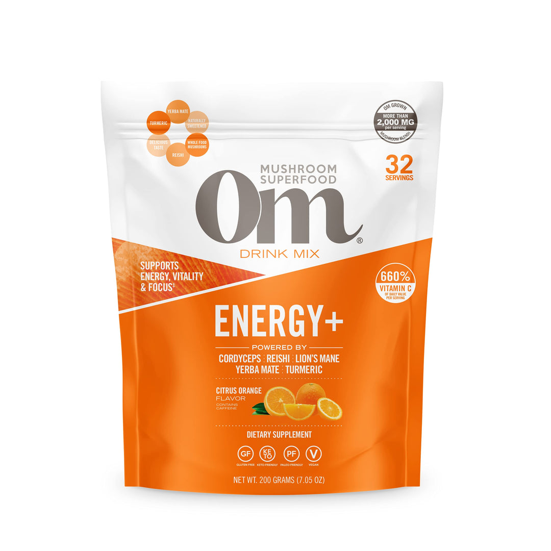 OM MUSHROOM SUPERFOOD Energy Plus Mushroom Powder Drink Mix, Citrus Orange, 7.05 Ounce, 32 Servings, Mushroom Blend, Cordyceps, Yerba Mate, Tumeric, Vitamin B Complex, Pre-Workout, Immune Supplement