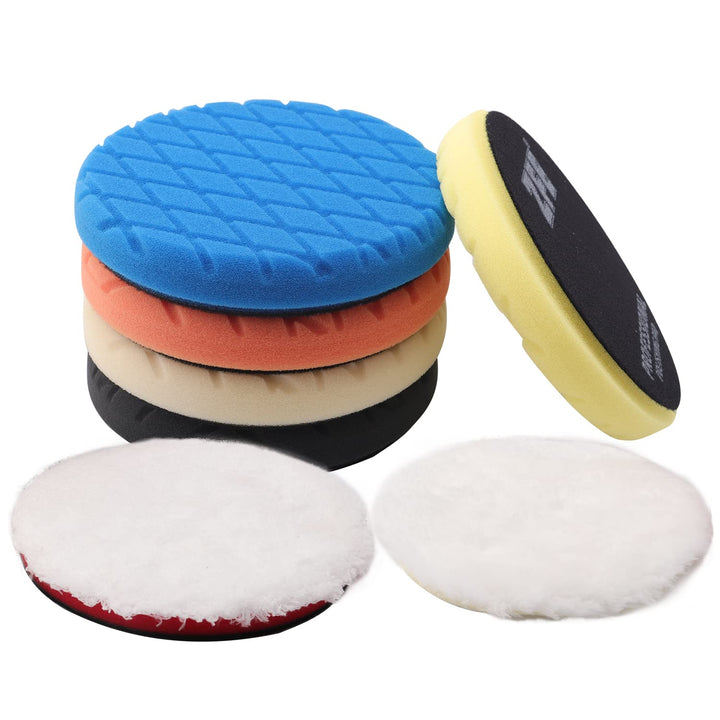 Buffing Polishing Pads, 7Pcs 5(125mm) Waffle Foam Buffing Pads Polishing Pads Wool Pad Kit for 5Inch Backing Plate RO/DA/GA Car Polisher Boat Compounding, Polishing and Waxing