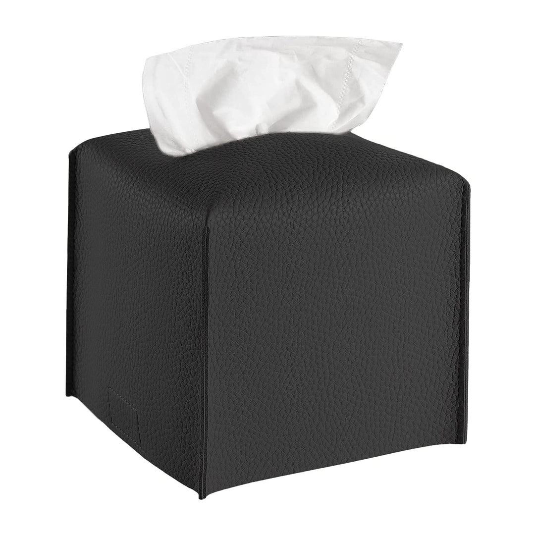 Tissue Box Cover Square, Modern PU Leather Tissue Box Holder Cube Tissues Dispenser Case Decorative Holder/Organizer for Bathroom Vanity Countertop, Bedroom, Car, Dresser, Office 5X5X5 - Black