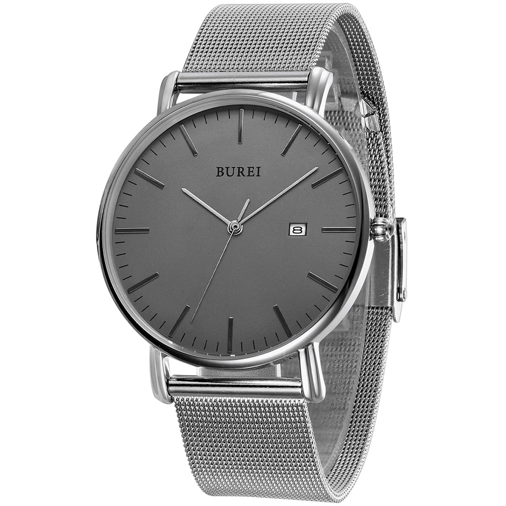 Men's Fashion Minimalist Wrist Watch Waterproof Watches Simple Ultra Thin Watches Analog Quartz Date with Stainless Steel Mesh Band (Gray Silver)