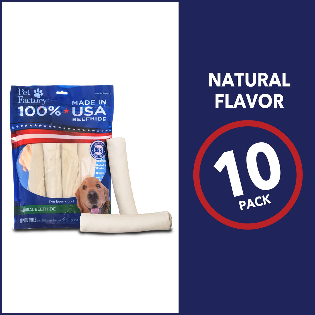 100% Made in USA Beefhide 8 Rolls Dog Chew Treats - Natural Flavor, 10 Count/1 Pack