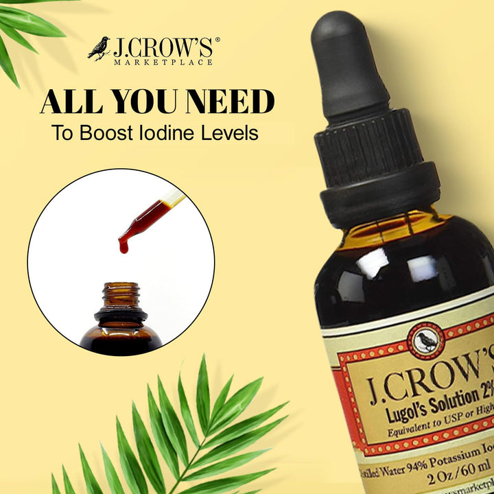 J.CROW&#39;S® Lugol&#39;s Solution of Iodine 2% 2 oz (3 Bottles) – Premium Potassium Iodide Liquid, Supports Thyroid &amp; Energy, Gluten &amp;, Alcohol-Free Natural Brine Extract, No Expiration