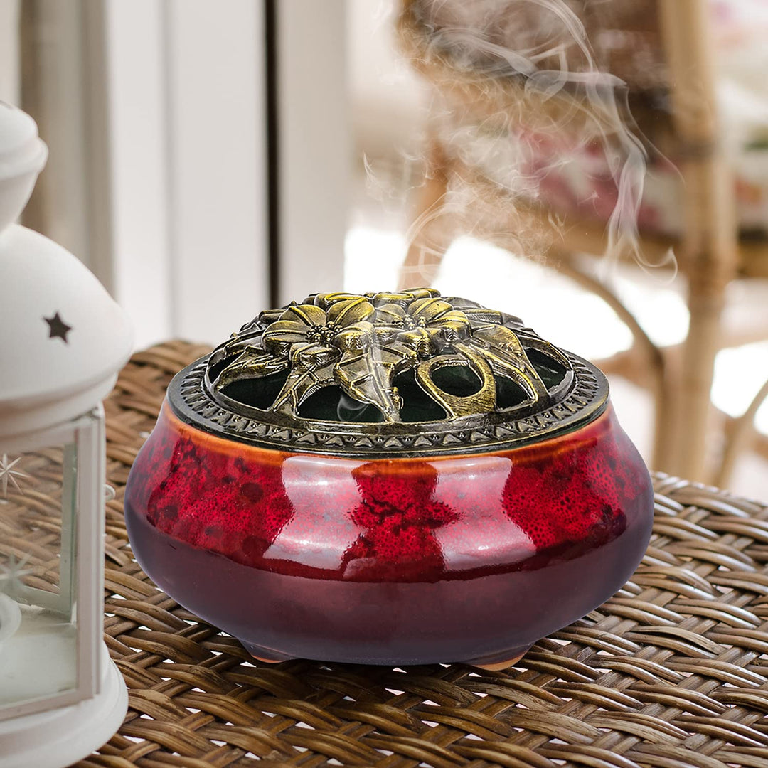 Incense Burner, Lotus Incense Holder for Sticks or Cone, Coil Incense, Incense Burner for Charcoal Disc, Resin, Sage Cones and Palo Santo(Red2)