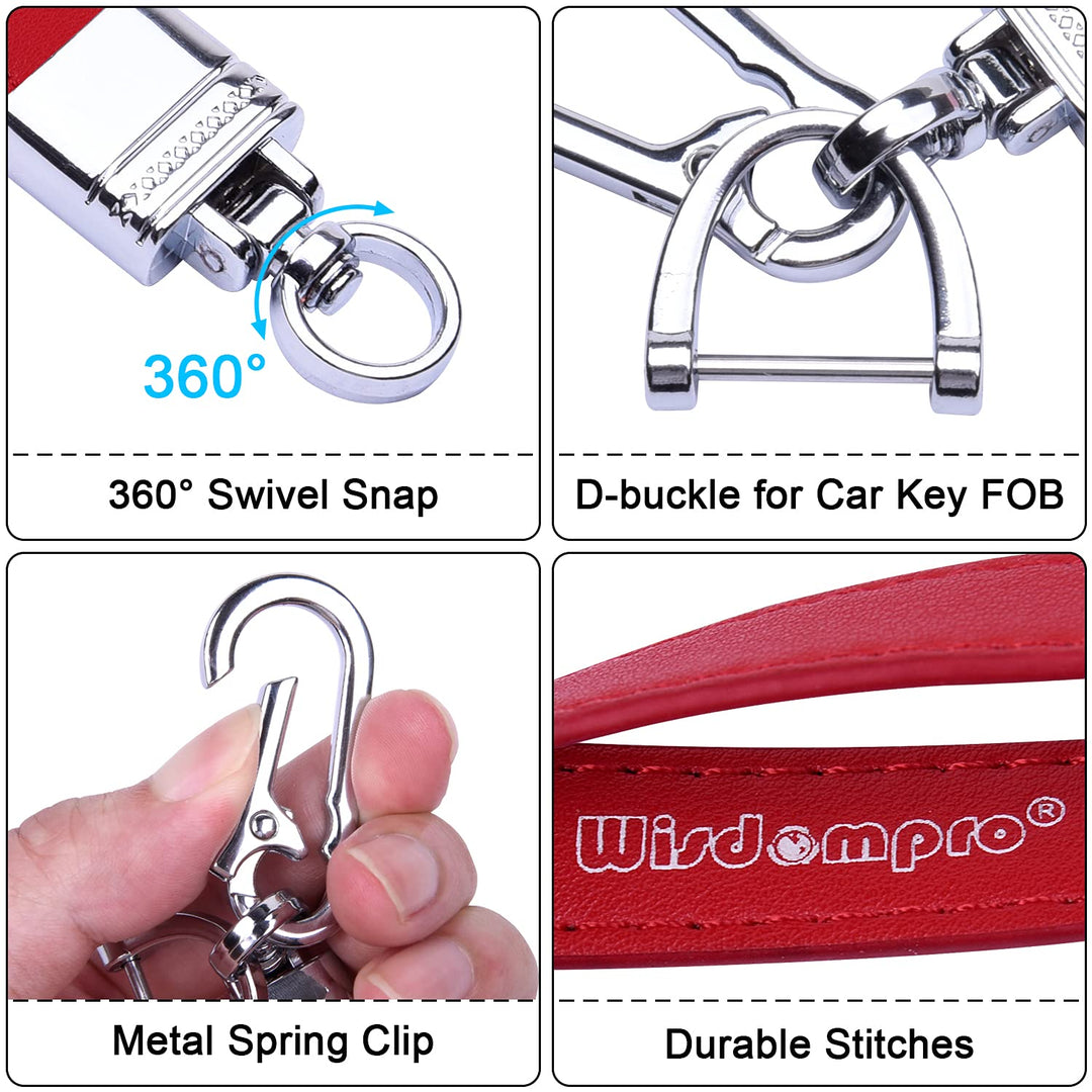 Genuine Leather Car Keychain, Universal Heavy Duty Leather Key FOB Keychain Key Chains Women for Car Keys, 360 Degree Rotation, with Anti-lost D-ring and 3 Keyrings - Red