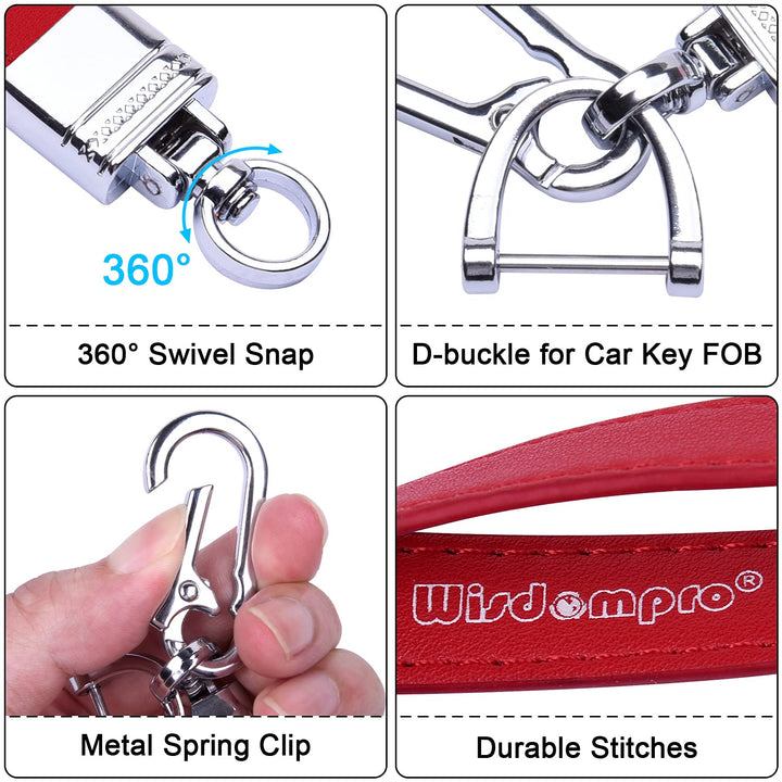 Genuine Leather Car Keychain, Universal Heavy Duty Leather Key FOB Keychain Key Chains Women for Car Keys, 360 Degree Rotation, with Anti-lost D-ring and 3 Keyrings - Red
