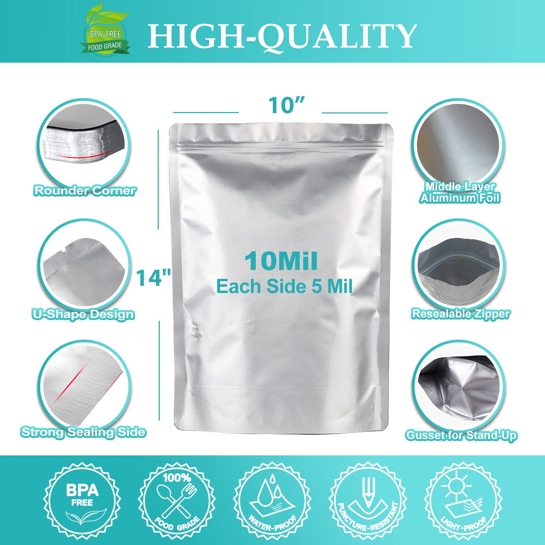 50pcs 1 Gallon Mylar Bags for Food Storage, 10 Mil 10x14 Stand-Up Zipper Pouches Resealable and Heat Sealable Bags for Long Term Food Storage(10x14, Extra Thick)