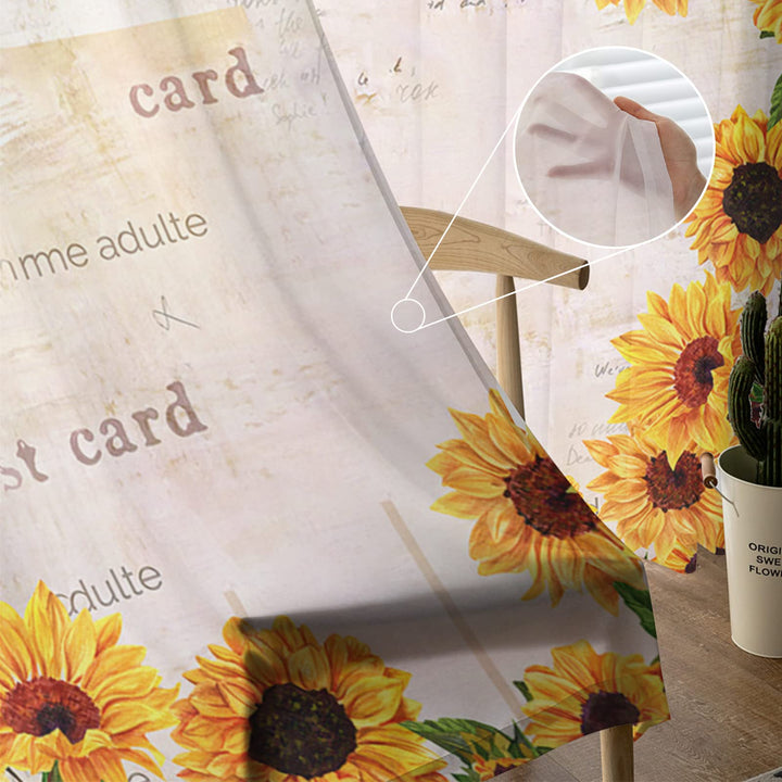 Sunflower Sheer Curtains 63 Inch Length 2 Panels Set, Yellow Floral Rustic Paper Farmhouse Curtains Semi Transparent Voile Rod Pocket Curtains for Living Dining Room Bedroom Drapes Decorations