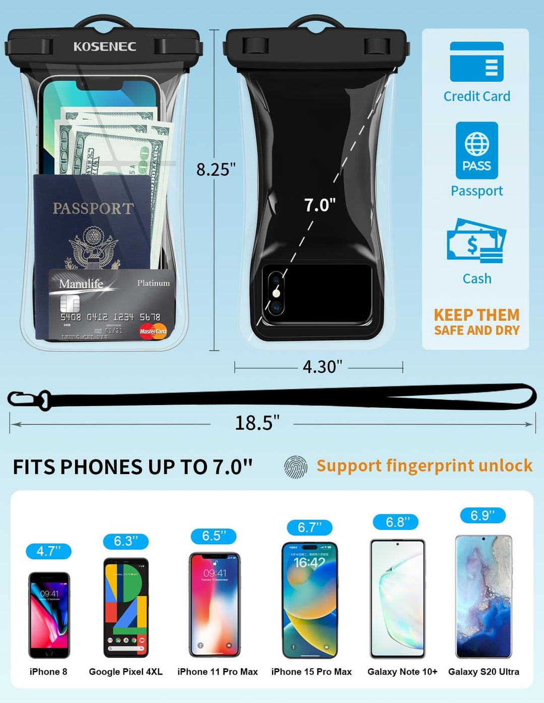 Universal Waterproof Phone Case, Floating IPX8 Waterproof Cellphone Pouch Underwater Dry Bag for iPhone15/14/13/12/SE/XS/XR/8 Galaxy, for Beach/Diving/Surfing/Skiing 6.9 | 2Pack