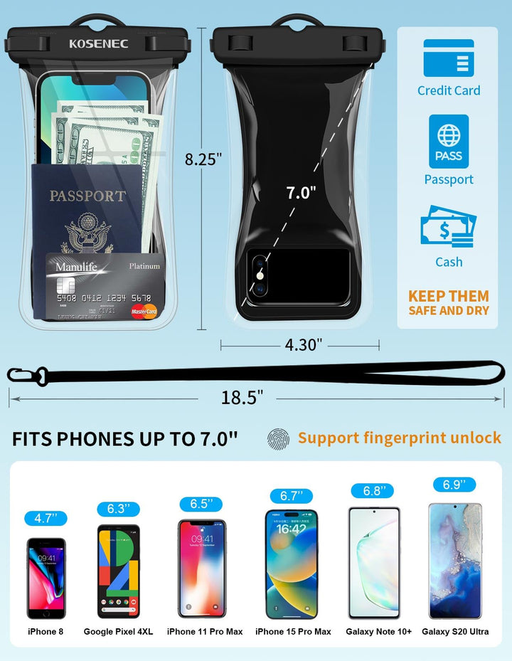 Universal Waterproof Phone Case, Floating IPX8 Waterproof Cellphone Pouch Underwater Dry Bag for iPhone15/14/13/12/SE/XS/XR/8 Galaxy, for Beach/Diving/Surfing/Skiing 6.9 | 2Pack