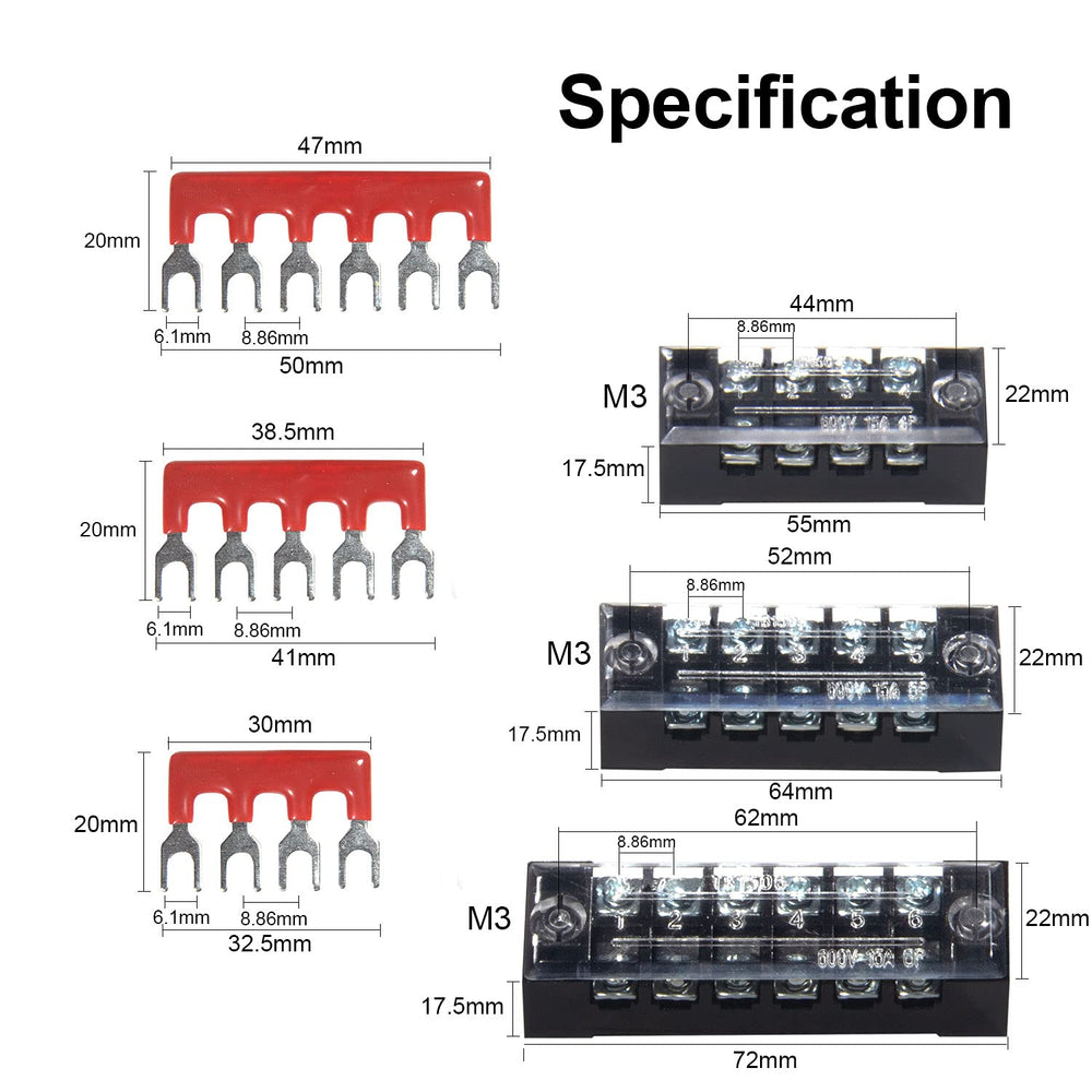 Terminal Block and Strip - 6 Sets 4/5/6 Positions 600V 15A Dual Row Wire Screw Terminal Strip Block with Cover + 400V 15A Pre-Insulated Terminals Barrier Strips Jumpers (Black & Red)