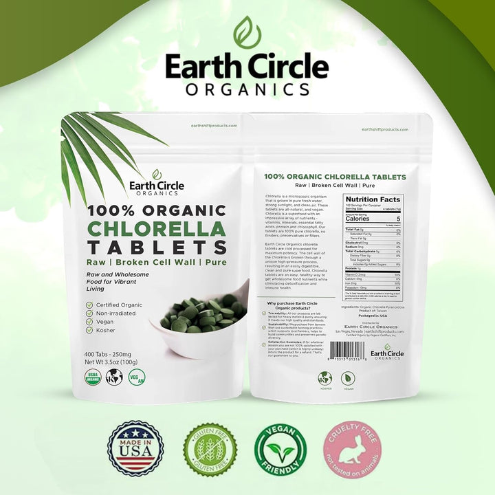 Organic Chlorella Tablets | Kosher | Potent Supplement, All-Natural Chlorophyll, Green Algae superfood, Broken Cell Wall | High in Protein &amp; Iron, no additives, Vegan - 400 Tablets