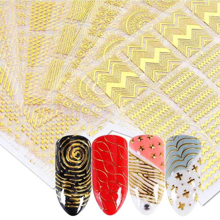 16Sheets 3D Gold Metallic Nail Art Stickers Decals Self-ahesive Geometric Texture Line Mixed Design DIY Decoration Accessories Manicure Tools