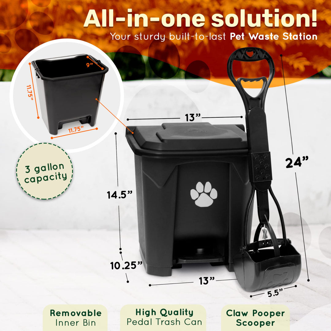 USA Fully Assembled Outdoor Dog Poop Trash Can with Lid and Removable Inner Waste Bin. Includes Long Handle Claw Pooper Scooper. A Portion of Every Sale Donated to Help Animals in Need.