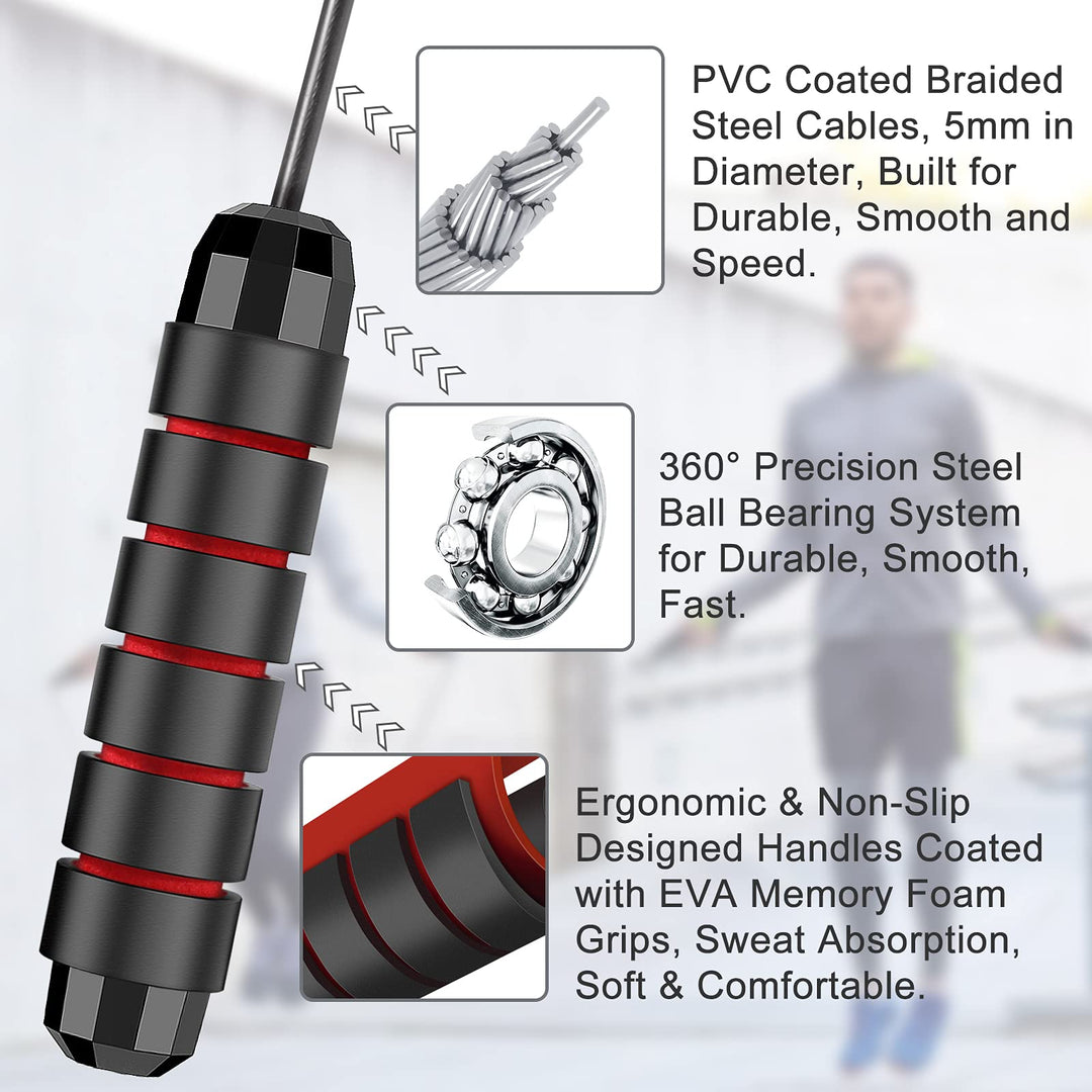 Jump Rope - Adjustable Skipping Rope Tangle-Free with 360-degree Ball-Bearing System and Memory Foam Handles Ideal for Weight Loss Exercise Workout Good for Adults Kids Women Men