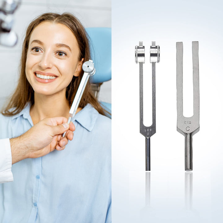 Diagnostics Kit - Percussion Taylor Reflex Hammer + C 128 &amp; C 512 Tuning Forks + Bandage Scissors + Pupil Gauge Pen Light in Carrying Case - 6 Pieces Set - Silver