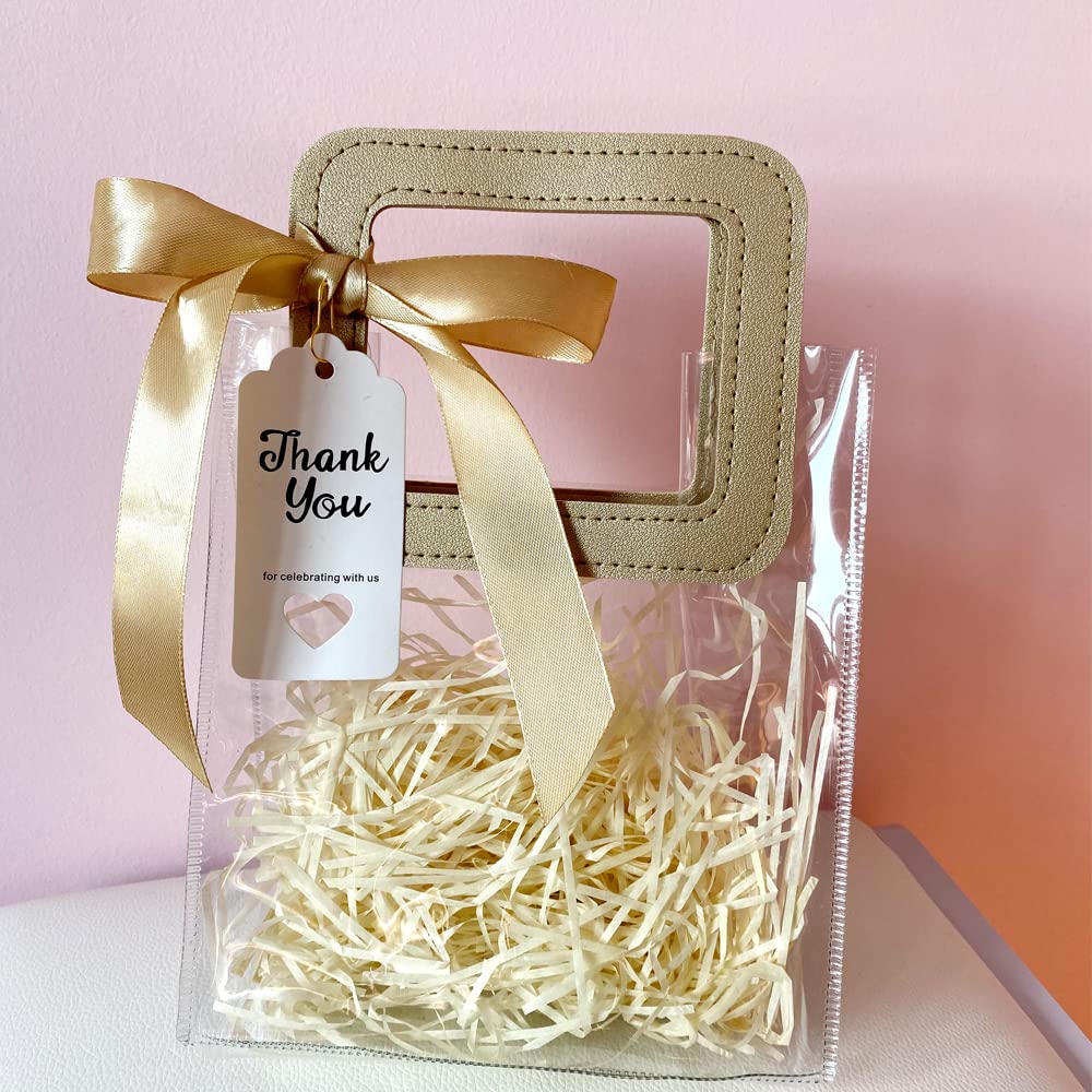 Mollytek 10 Pcs Clear Gift Bag with Handle, Transparent PVC Gift Bag with Raffia/Ribbon and Thanks Card, Reusable Gift Wrap Bag for Christmas, Wedding, Baby Shower Birthday Party (Champagne)
