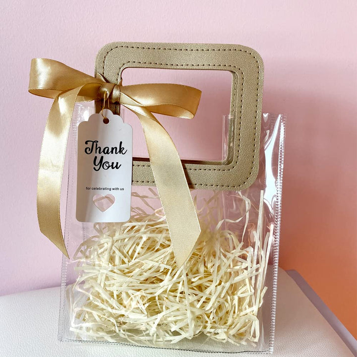 Mollytek 10 Pcs Clear Gift Bag with Handle, Transparent PVC Gift Bag with Raffia/Ribbon and Thanks Card, Reusable Gift Wrap Bag for Christmas, Wedding, Baby Shower Birthday Party (Champagne)
