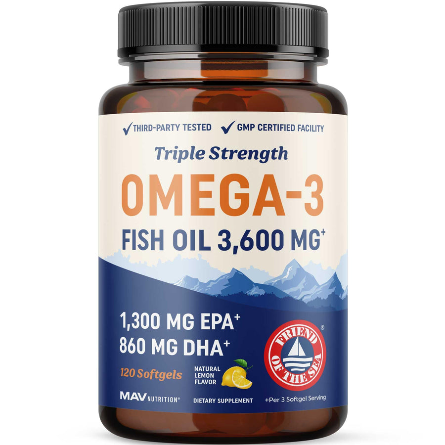 Triple Strength Omega 3 Fish Oil 3600 mg | EPA & DHA | Over 2100mg Omega-3 Fatty Acids | 1300mg EPA + 860mg DHA | Best Essential Fatty Acids | Premium Wild Caught & Burpless Fish Oil | 120 Ct
