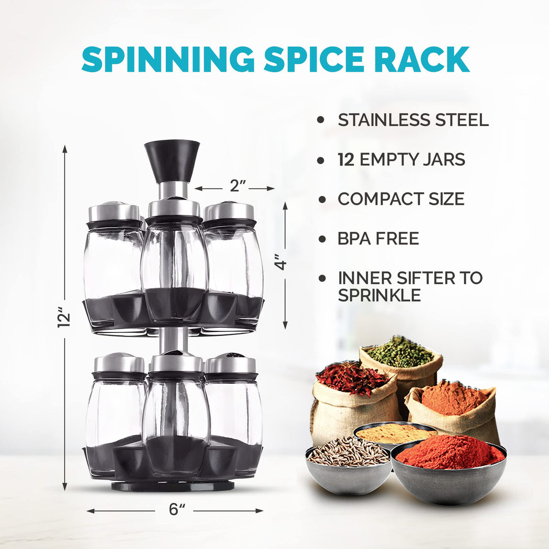 Revolving Spice Rack Organizer - Spinning Countertop Herb and Spice Organizer with 12 Glass Jar Bottles and Labels (Spices Not Included)