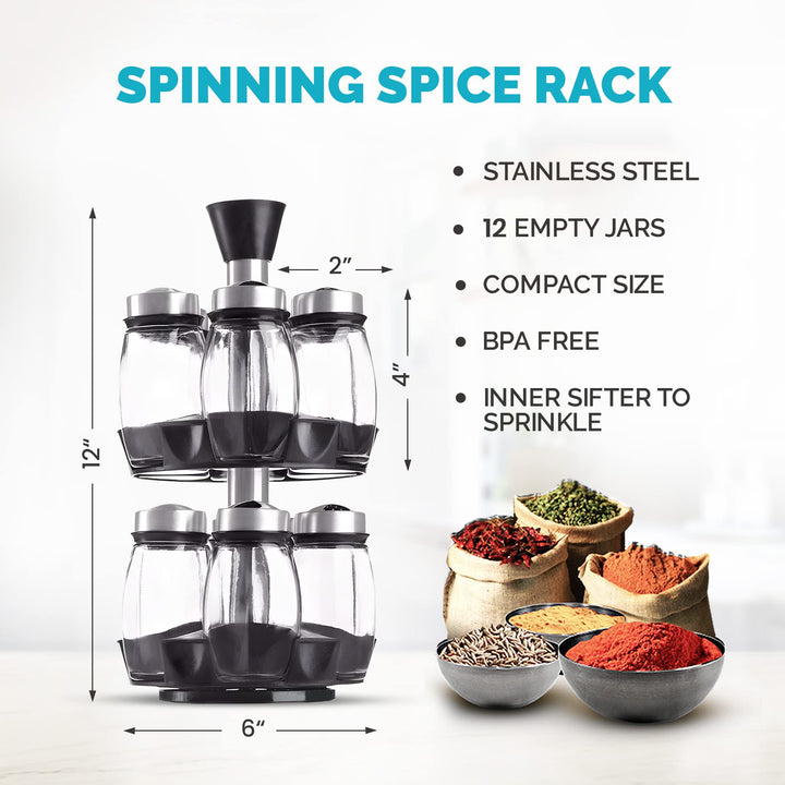 Revolving Spice Rack Organizer - Spinning Countertop Herb and Spice Organizer with 12 Glass Jar Bottles and Labels (Spices Not Included)
