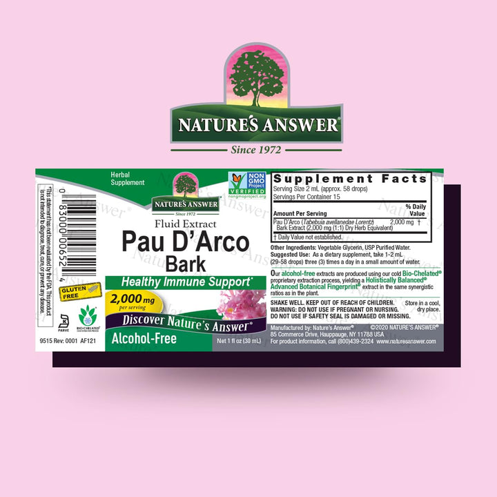 Nature&#39;s Answer PAU D&#39;Arco Inner Bark | Supports Immune System | Helps Maintain Intestinal Flora | Alcohol-Free, Gluten-Free, Kosher Certified &amp; No Preservatives 1oz Extract | Single Count