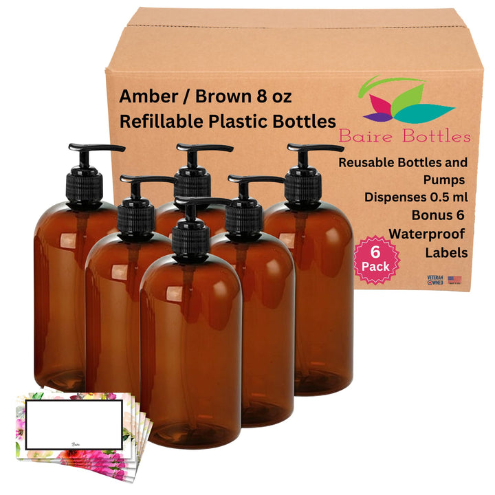 8 oz Amber Plastic Bottles, Black Pumps &amp; Gift Tags - 6 pk