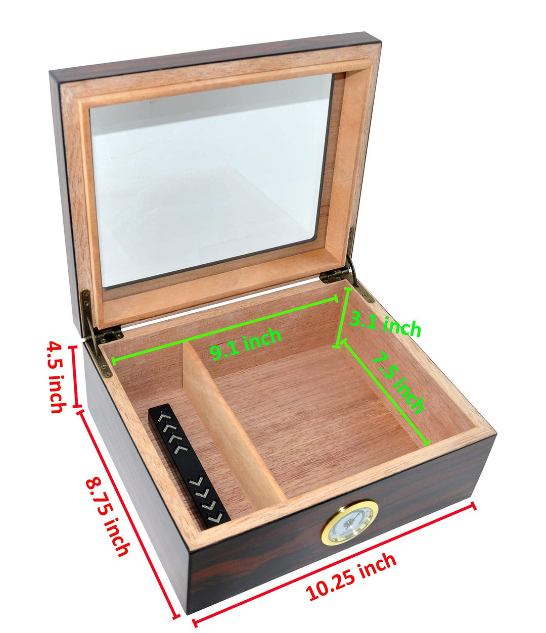 Cigar Humidors Storage 25-50 Cigars Case, Tempered Glass Top Display, Handcraft Spanish Cedar Wood Desktop Cigar Box with Divider, Humidifier and Hygrometer, Gift for Man, Macassar Brown