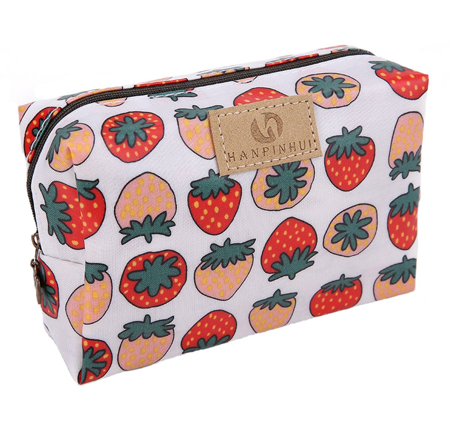 Cute Travel Makeup Pouch Cartoon Printed Toiletry Cosmetic Bag for Girls, Women (Strawberry)
