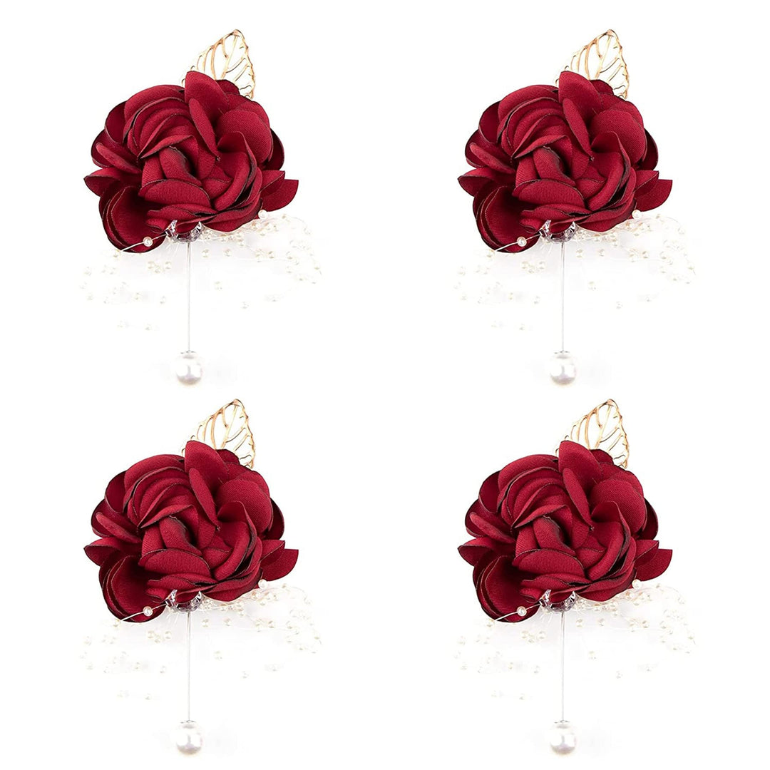 , 4 Pack Rose Pearl Bridal Burgundy Wine Red Brooch Corsage Boutonniere Set Bridesmaid Hand Flowers for Wedding Party Decoration