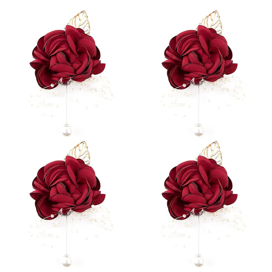 , 4 Pack Rose Pearl Bridal Burgundy Wine Red Brooch Corsage Boutonniere Set Bridesmaid Hand Flowers for Wedding Party Decoration