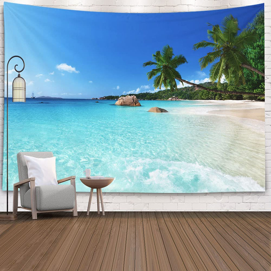 Beach Palm Tropic Tree Tapestry Ocean Sea Island Landscape Tapestry Sun Water Blue Sky Paradise Tapestry Coconut Summer Tropical Wall Hanging 80X60 Inch for Living Room Bedroom Décor