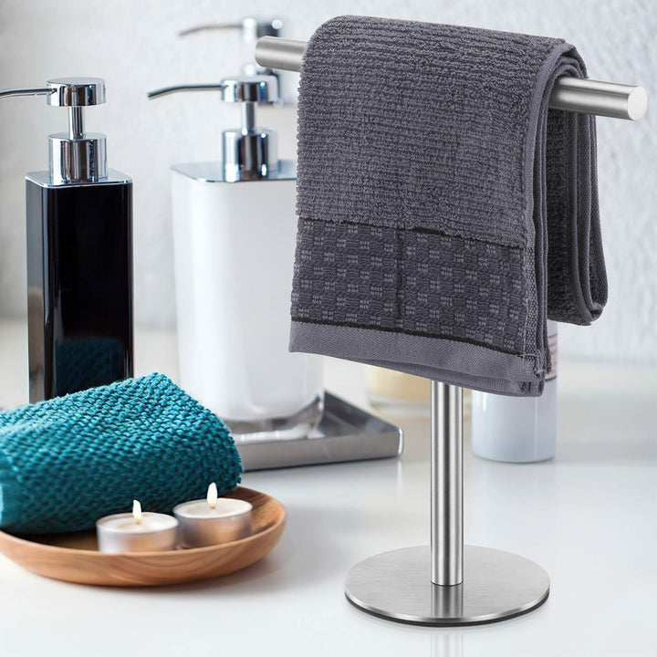 1 Pack Bath Hand Towel Holder Standing, SUS304 Stainless Steel Brushed Finish T-Shape Towel Bar Rack Stand, Tower Bar for Bathroom Kitchen Vanity Countertop