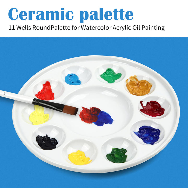 Artist Ceramic Palette, 11 Well Round Porcelain Watercolor Paint Palette for Watercolor Gouache Acrylic Oil Painting, 7-Inch