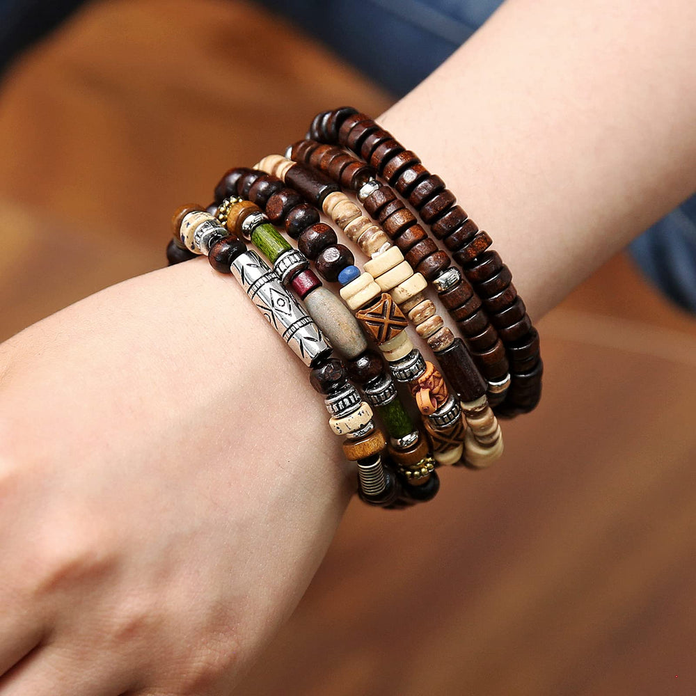 HZMAN Wrap Bracelets Men Women, Hemp Cords Wood Beads E