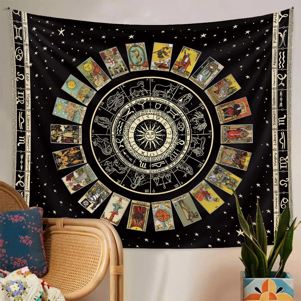 Spiritual Tapestry Star Tarot Card Tapestry Zodiac Astrology Tapestry Witch Constellation Tapestry Aesthetic Tapestry Wall Hanging for Teen Girl&#39;s Bedroom (Black 29x39 inches)