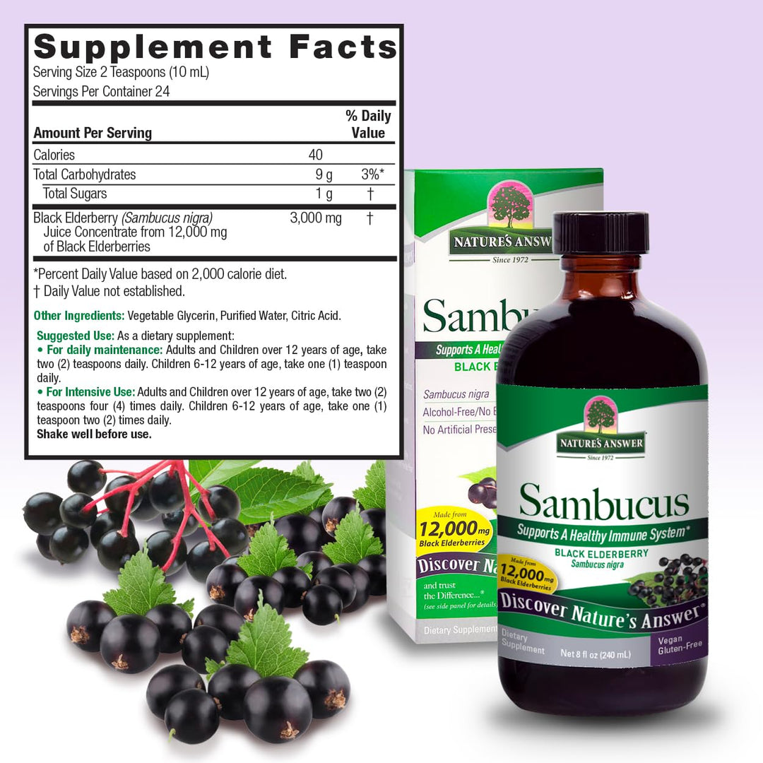 Nature&#39;s Answer Alcohol-Free Sambucus Dietary Supplement 8oz Liquid | Immune Support | Antioxidant Boost | Gluten-Free, Vegan, Non-GMO | Single Count